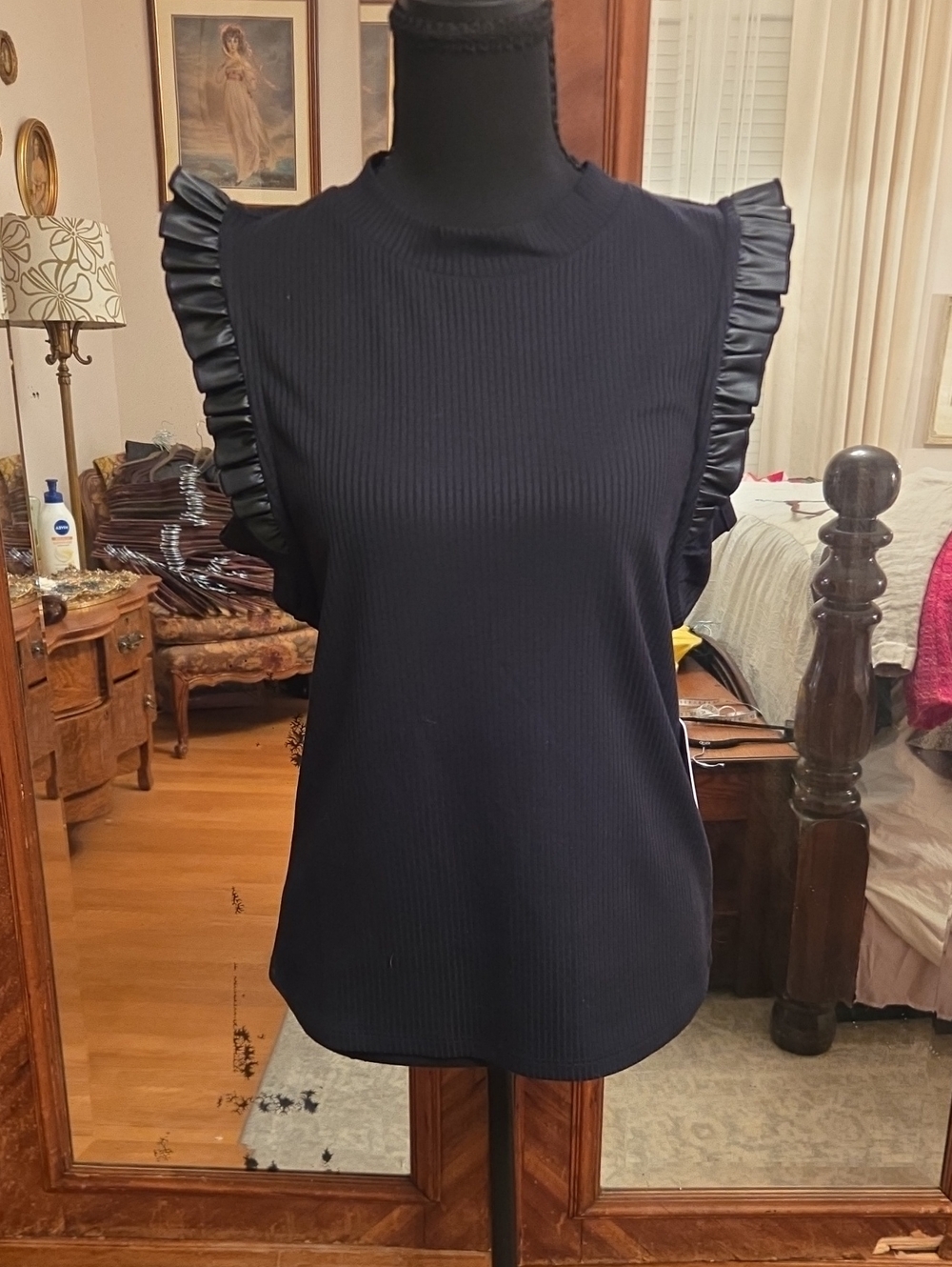 Black Faux Leather Ruffle-Trim Sleeveless Knit Top